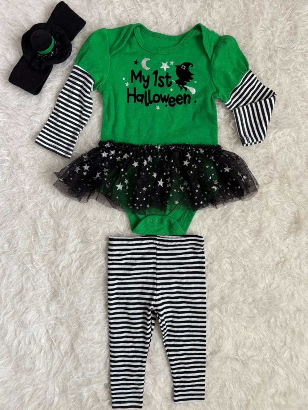 My 1st Halloween Green Tutu Bodysuit, Striped Leggings & Witch Headband Set